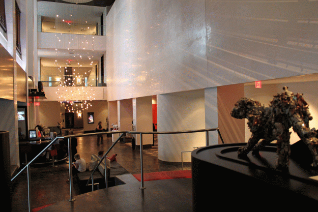 An Engel animal, at right, prepares to bound into the W Hotel's lobby.